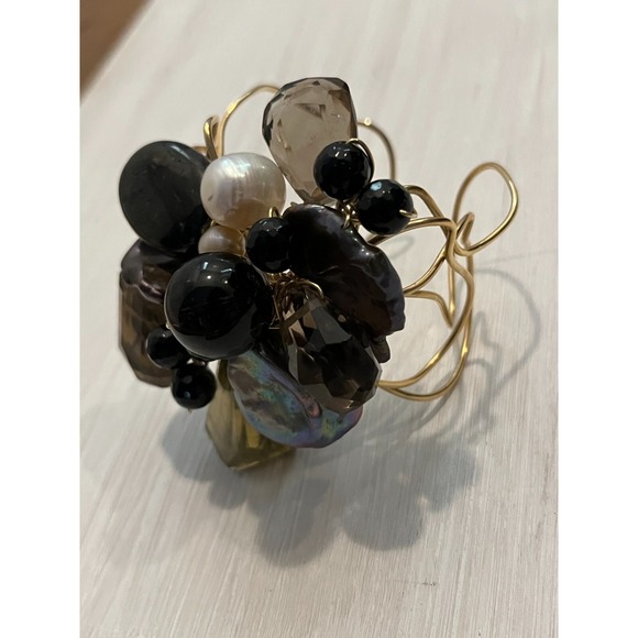 Tonobi Cuff Bracelet Designer Onyx Fox Tail Amethyst & Freshwater Pearl Natural - Picture 3 of 16